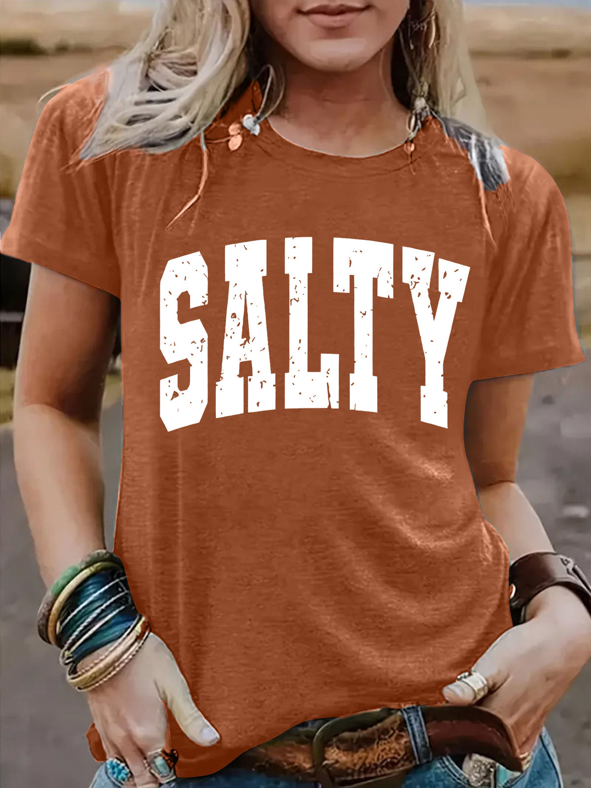 Salty Slogan Short Sleeve Graphic Tee - Brown