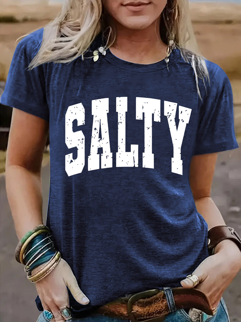 Salty Slogan Short Sleeve Graphic Tee - DarkBlue