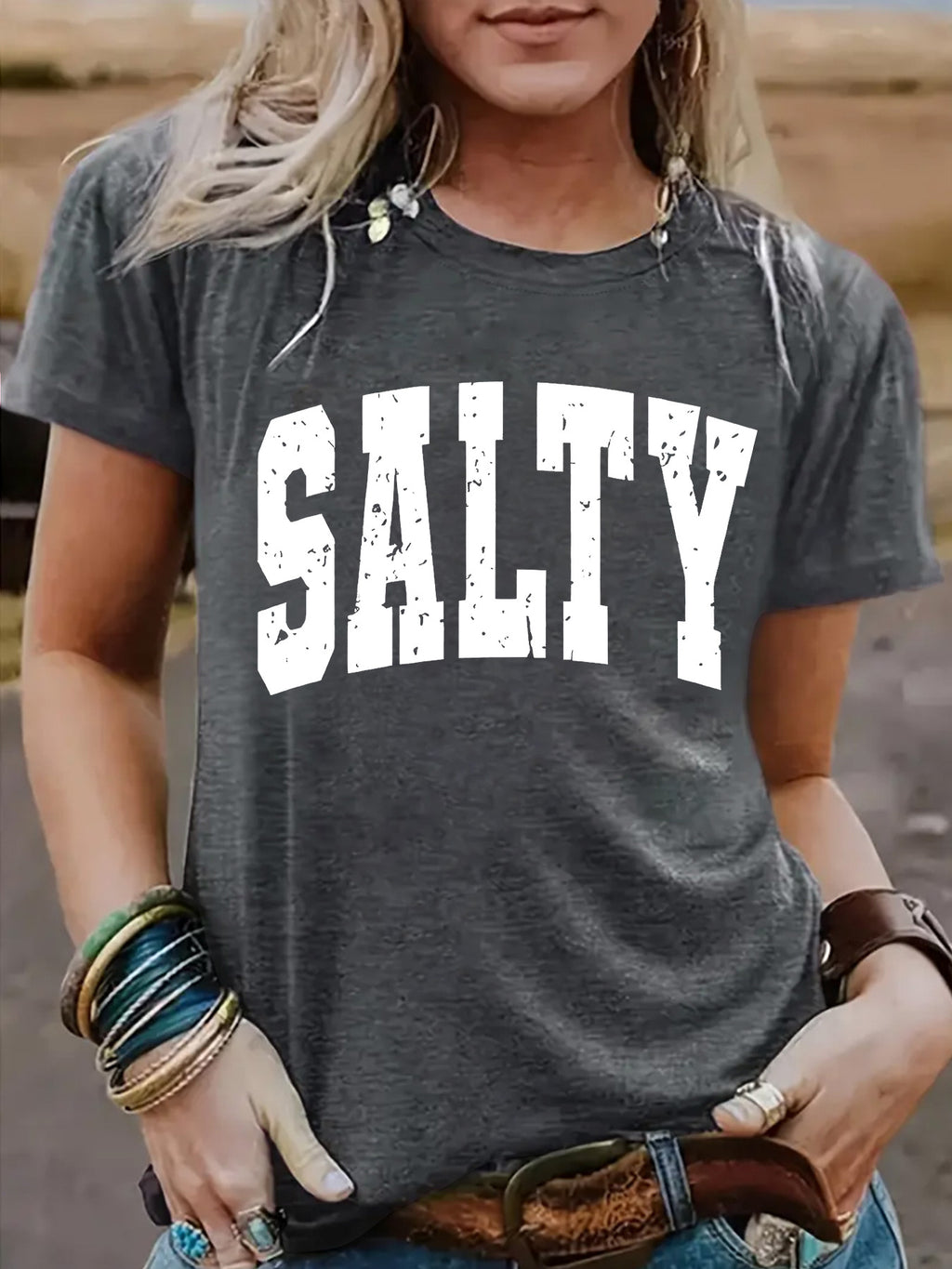 Salty Slogan Short Sleeve Graphic Tee - DarkGrey