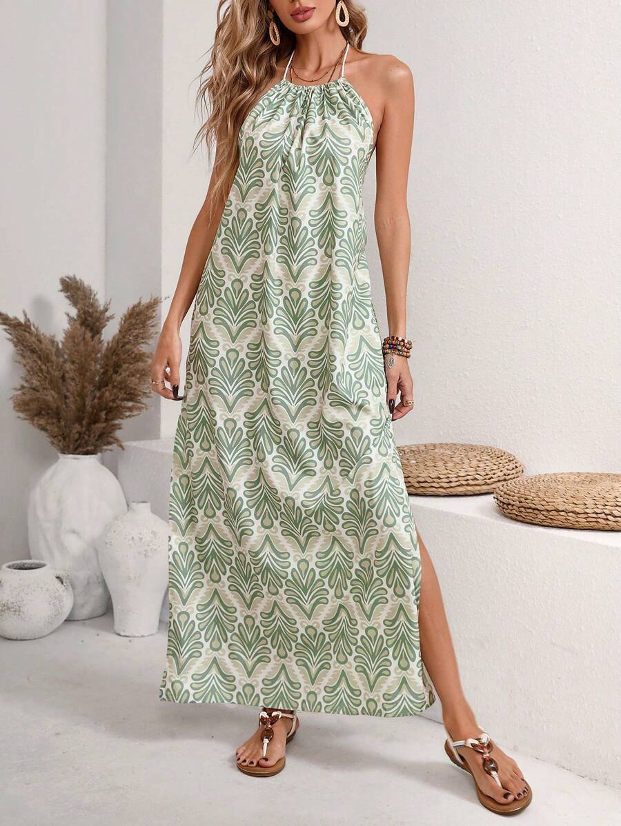 Printed Tie Back Split Hem Maxi Dress - Green