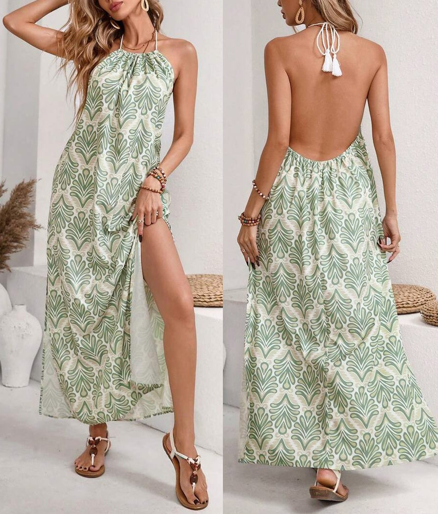 Printed Tie Back Split Hem Maxi Dress