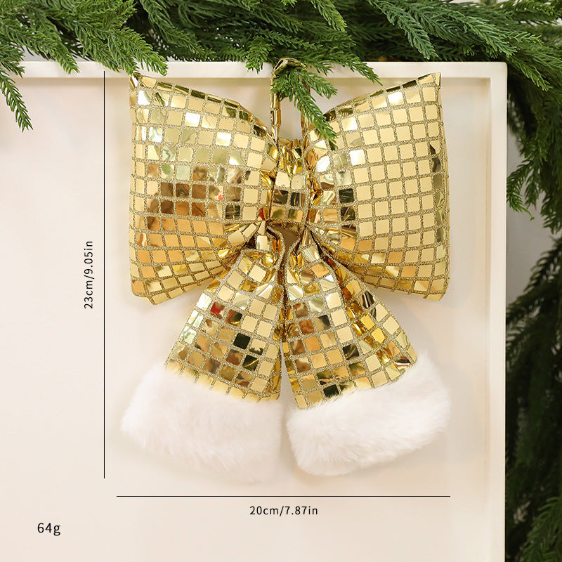 Sequin Christmas Tree Bow with Faux Fur Tails - Gold_M
