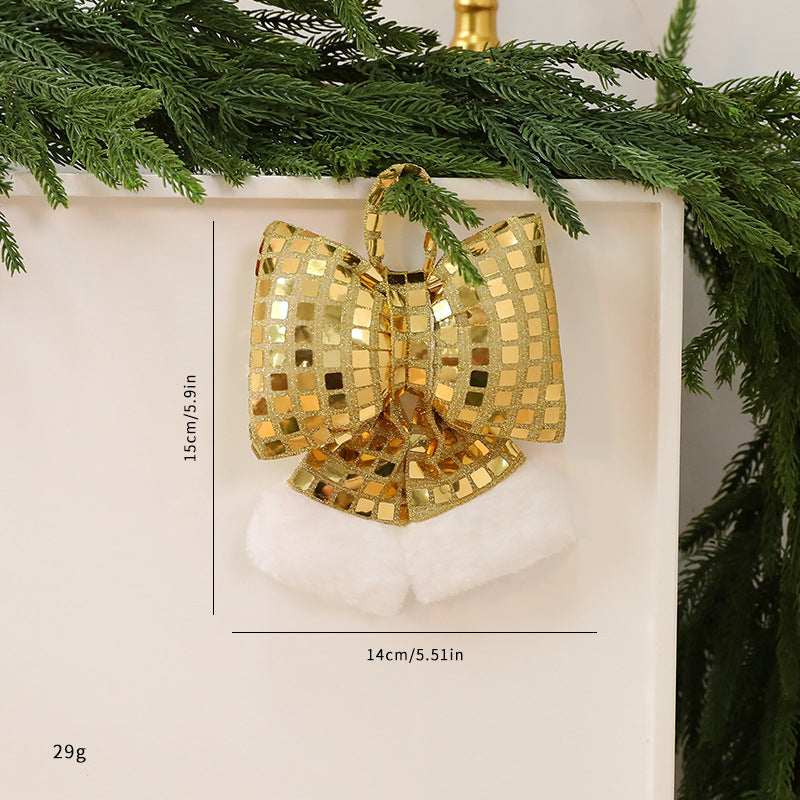 Sequin Christmas Tree Bow with Faux Fur Tails - Gold_S