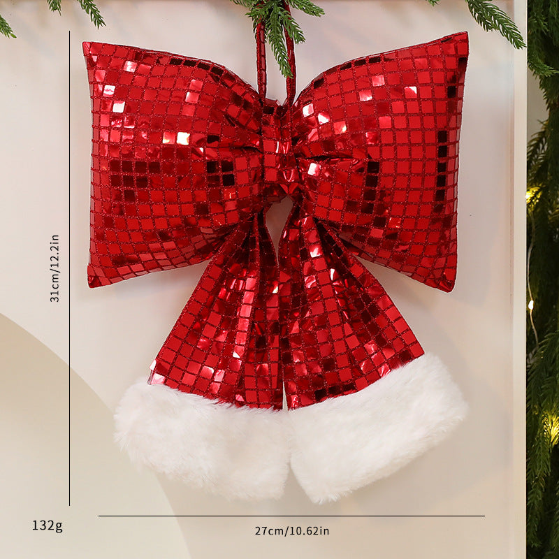 Sequin Christmas Tree Bow with Faux Fur Tails - Red_L