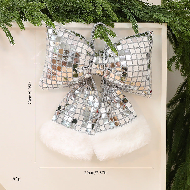Sequin Christmas Tree Bow with Faux Fur Tails - Silver_M