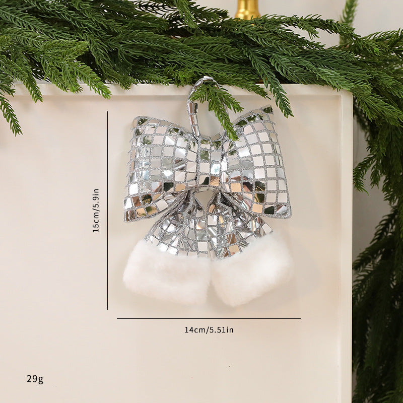Sequin Christmas Tree Bow with Faux Fur Tails - Silver_S