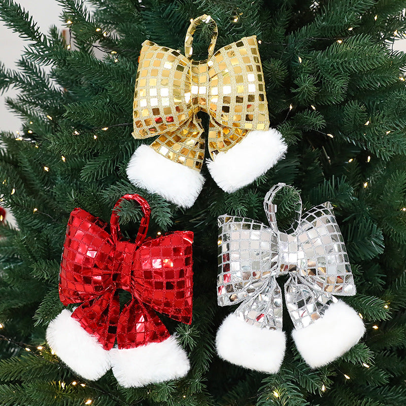 Sequin Christmas Tree Bow with Faux Fur Tails