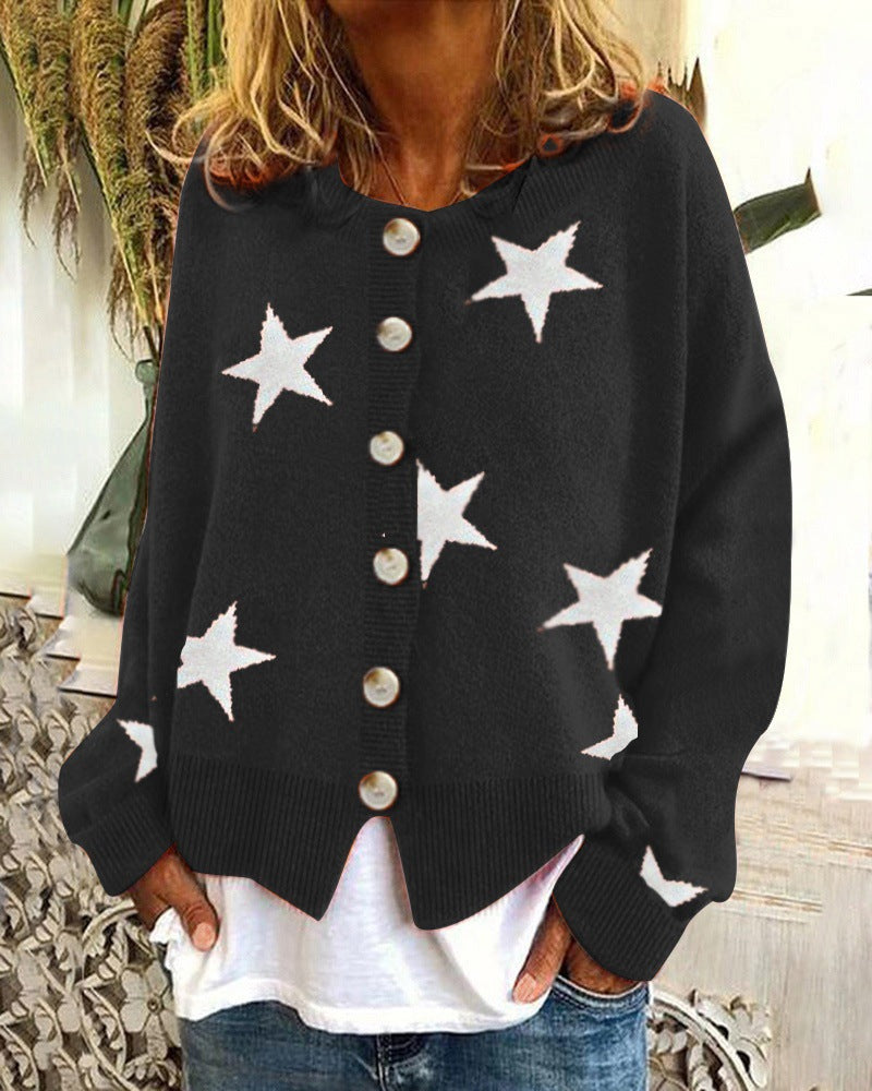 Star Print Button Front Knit Cardigan - Black