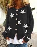 Star Print Button Front Knit Cardigan - Black