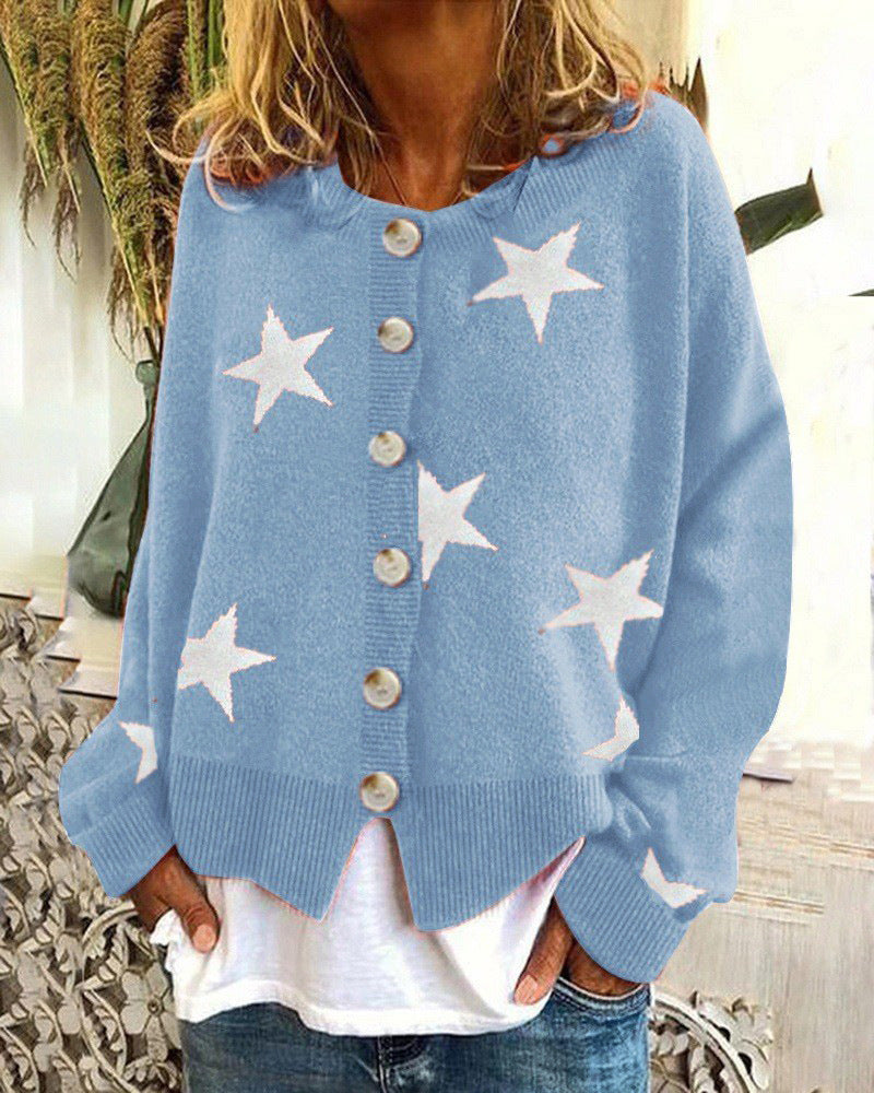 Star Print Button Front Knit Cardigan - Blue
