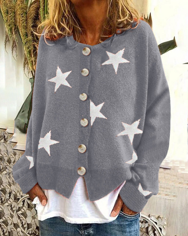 Star Print Button Front Knit Cardigan - Gray