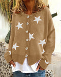 Star Print Button Front Knit Cardigan - Khaki