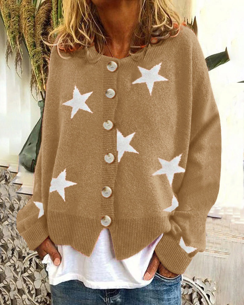 Star Print Button Front Knit Cardigan - Khaki