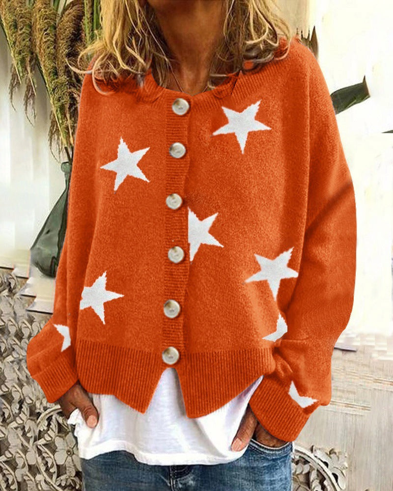 Star Print Button Front Knit Cardigan - Orange