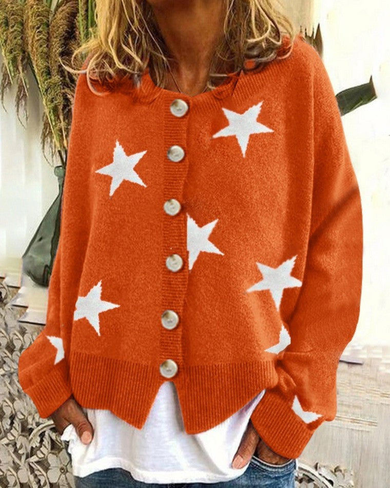 Star Print Button Front Knit Cardigan - Orange - 1