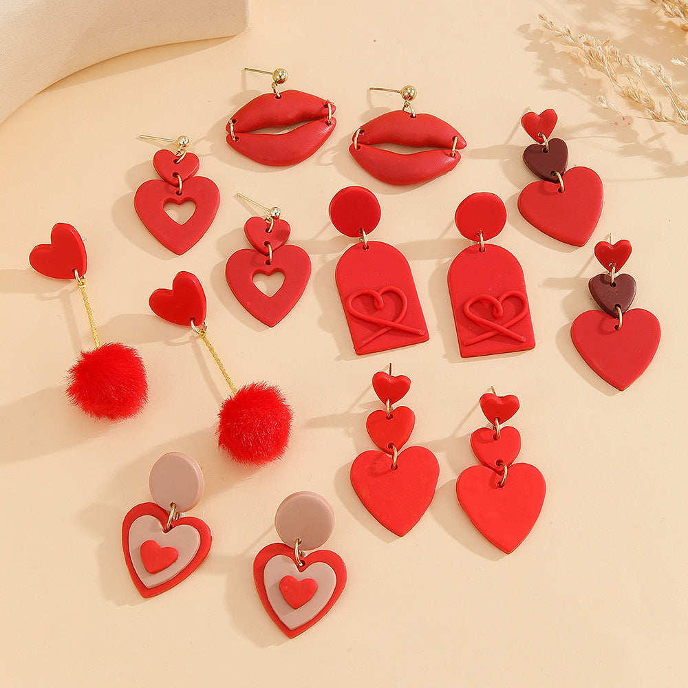 Polymer Clay Heart Drop Earrings - Red-7 - 1