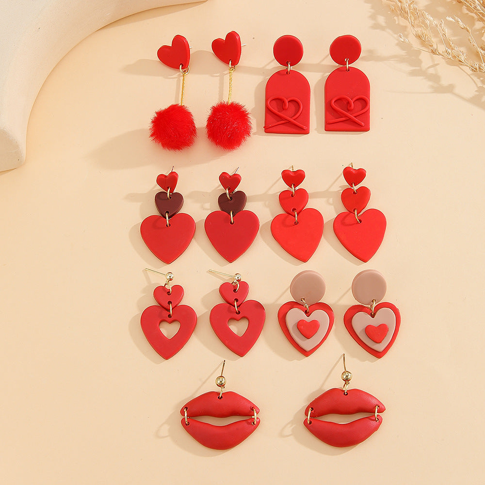 Polymer Clay Heart Drop Earrings - Red-7 - 2