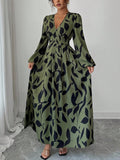 Abstract Leaf Print Long Sleeve Maxi Dress - Green