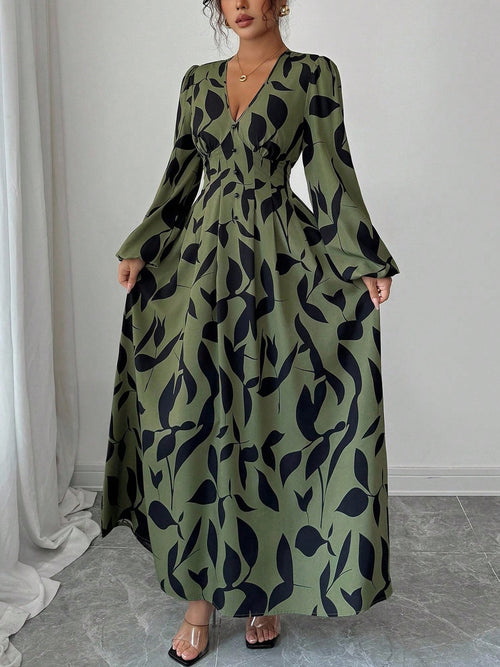 Abstract Leaf Print Long Sleeve Maxi Dress - Green