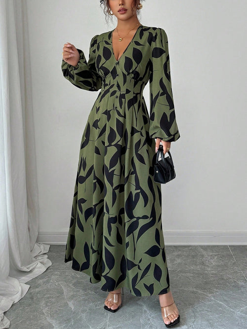 Abstract Leaf Print Long Sleeve Maxi Dress - Green - 1