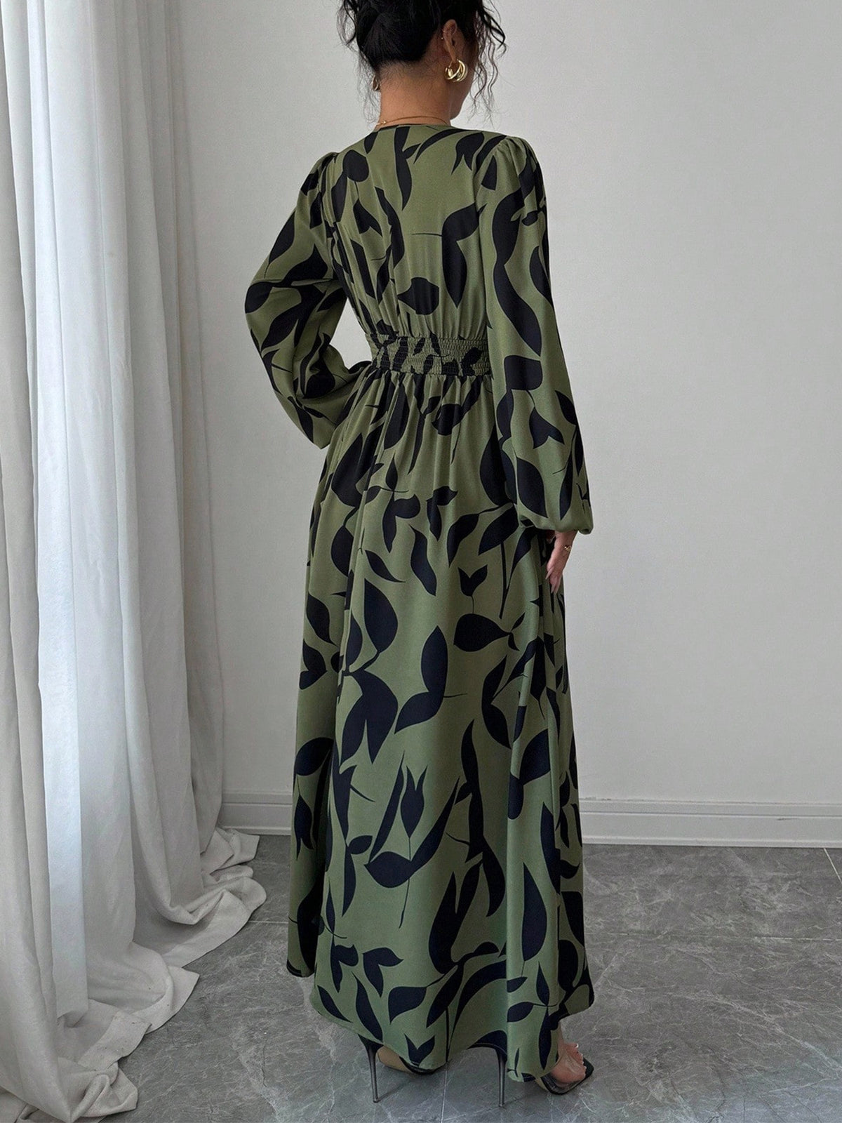 Abstract Leaf Print Long Sleeve Maxi Dress - Green - 2