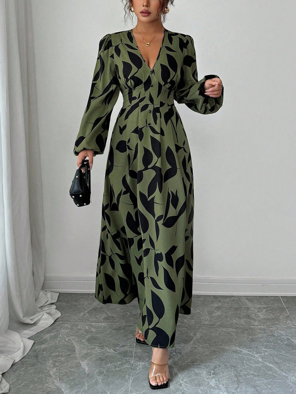 Abstract Leaf Print Long Sleeve Maxi Dress