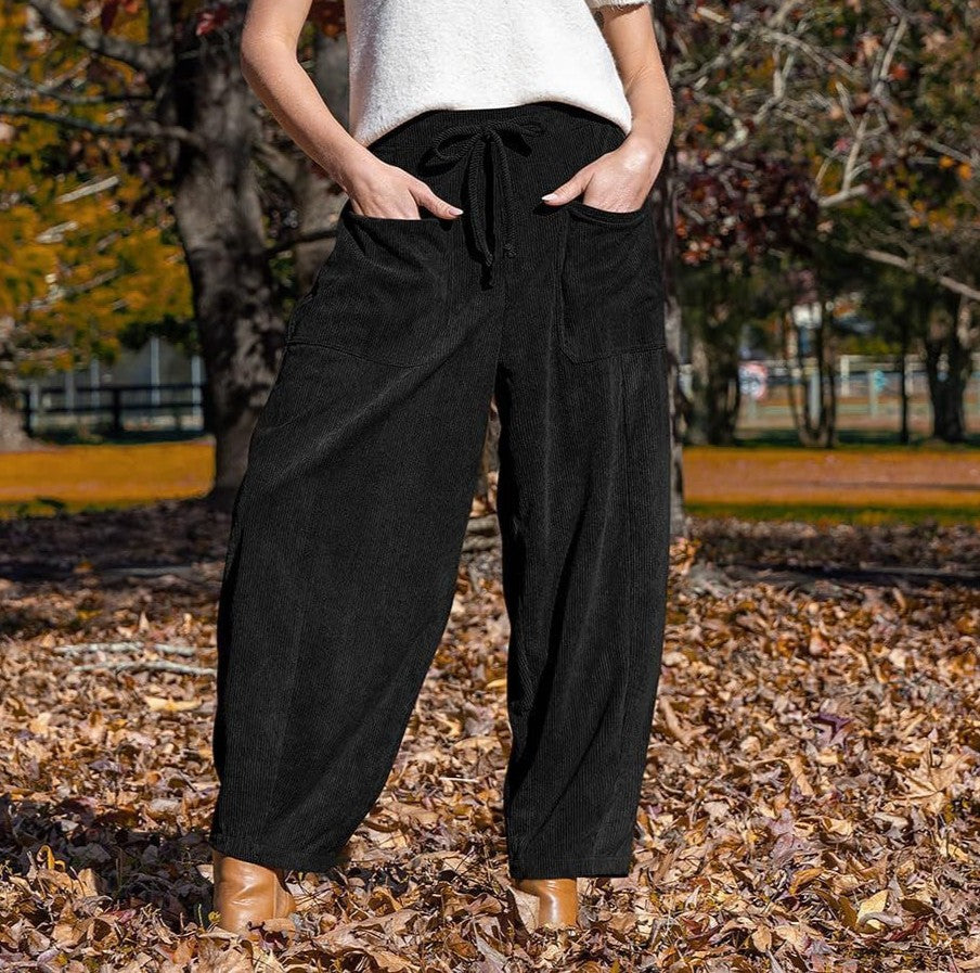 Corduroy Drawstring Balloon Wide Leg Pants - Black