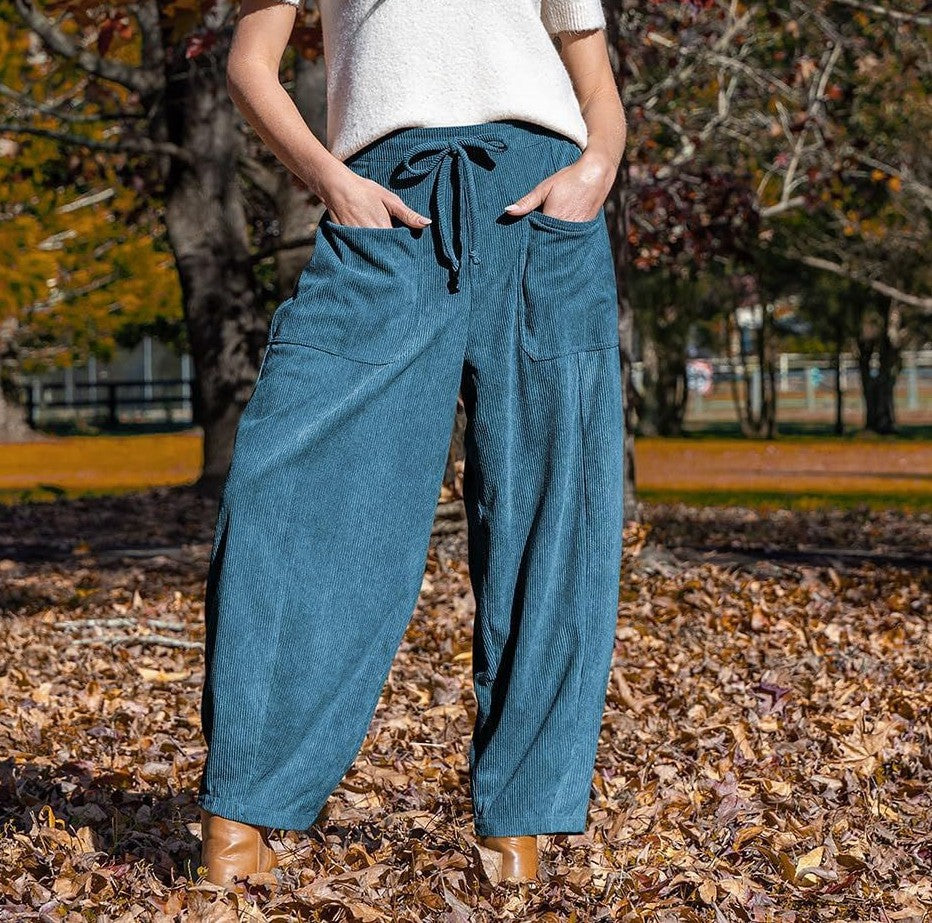 Corduroy Drawstring Balloon Wide Leg Pants - Blue