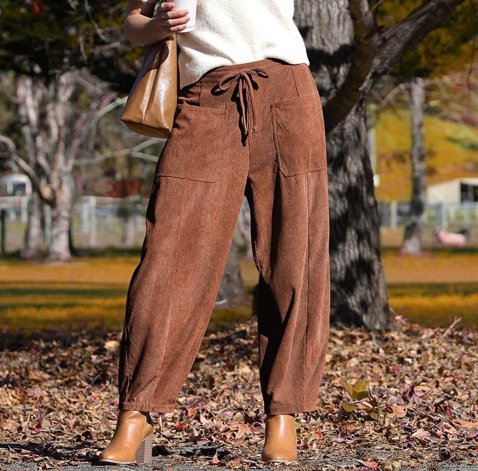 Corduroy Drawstring Balloon Wide Leg Pants - Brown
