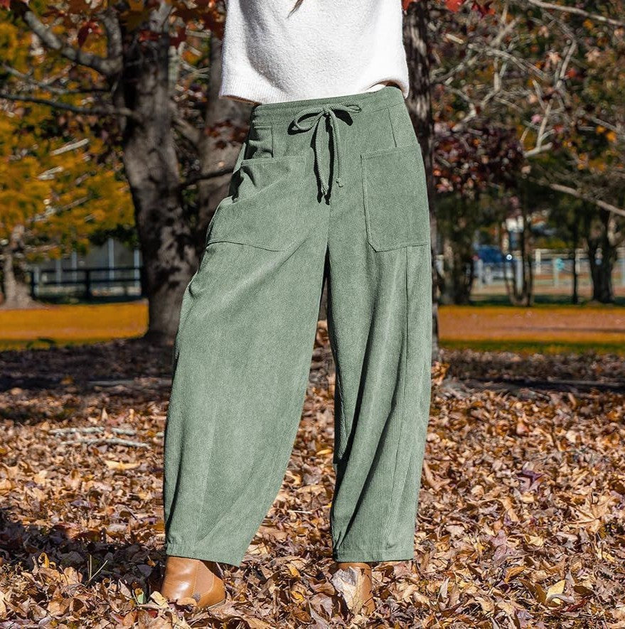 Corduroy Drawstring Balloon Wide Leg Pants - Green
