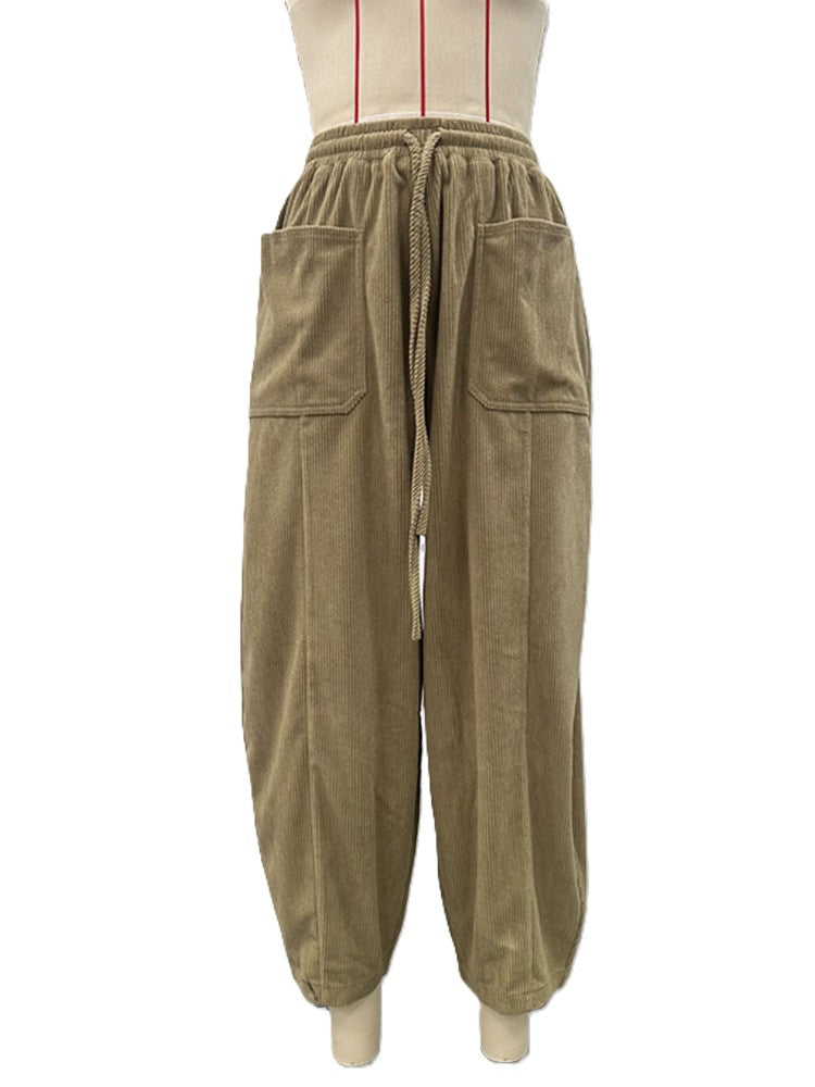 Corduroy Drawstring Balloon Wide Leg Pants - Khaki