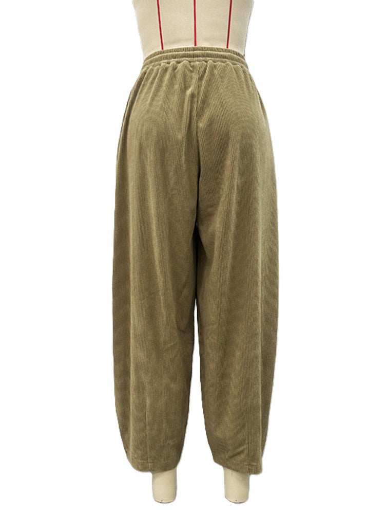 Corduroy Drawstring Balloon Wide Leg Pants - Khaki - 1