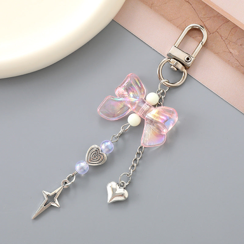 Iridescent Bow Star Charm Bag Keychain - Pink