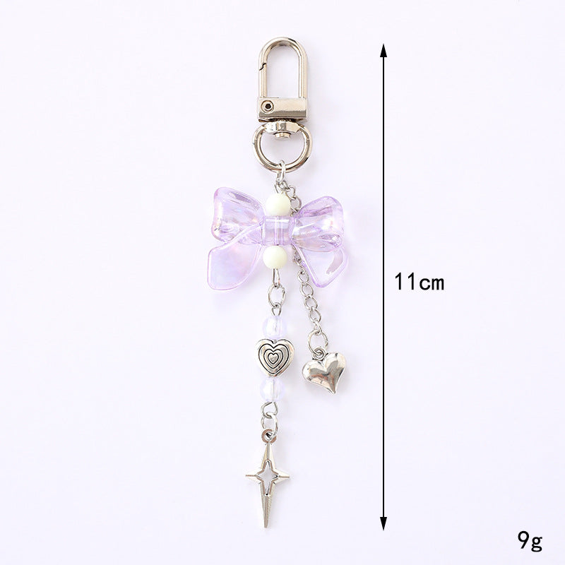 Iridescent Bow Star Charm Bag Keychain - Purple