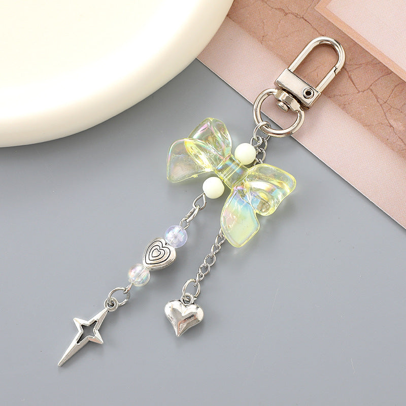 Iridescent Bow Star Charm Bag Keychain - Yellow