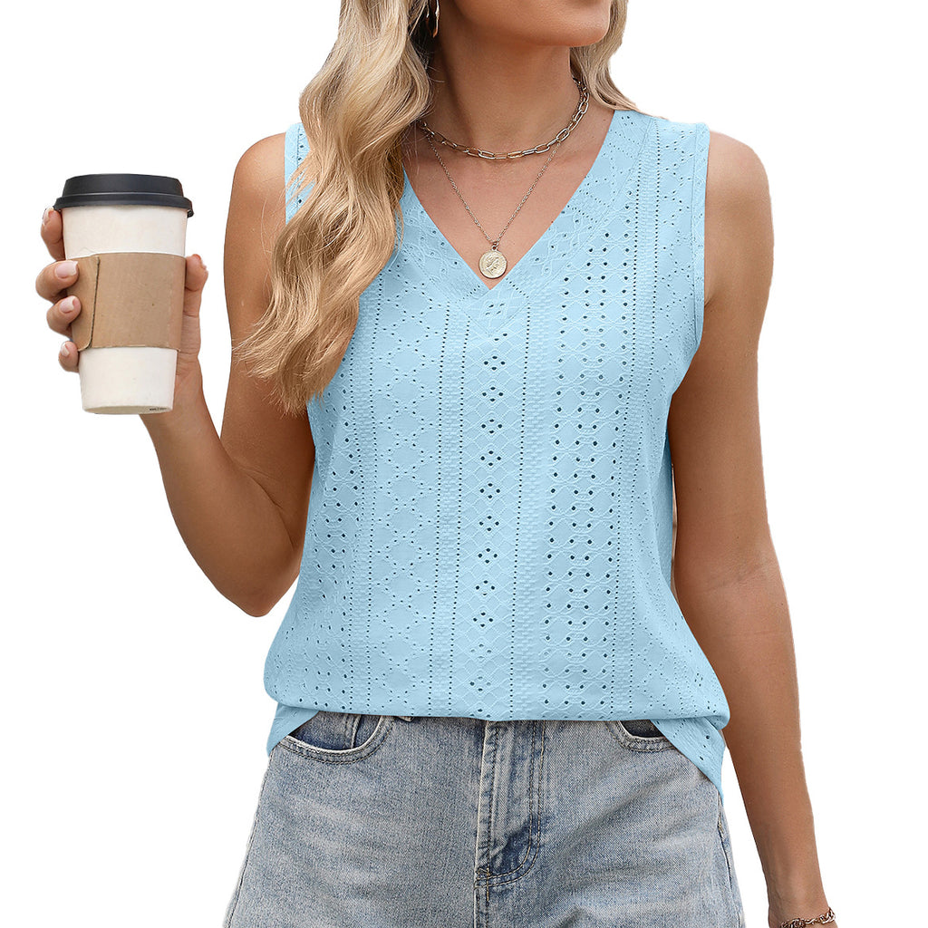 Pointelle Knit V-Neck Sleeveless Tank Top - Blue