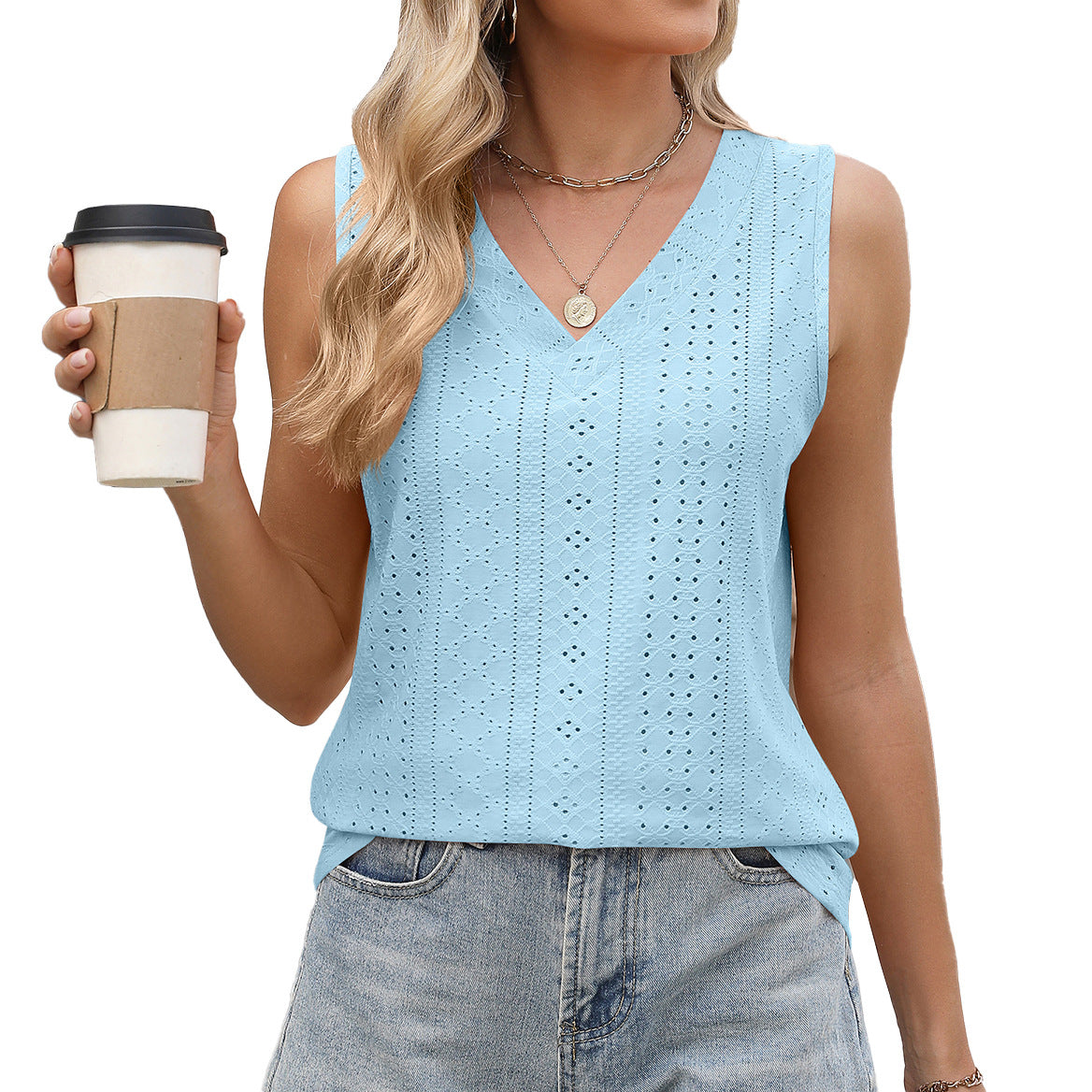 Pointelle Knit V-Neck Sleeveless Tank Top - Blue