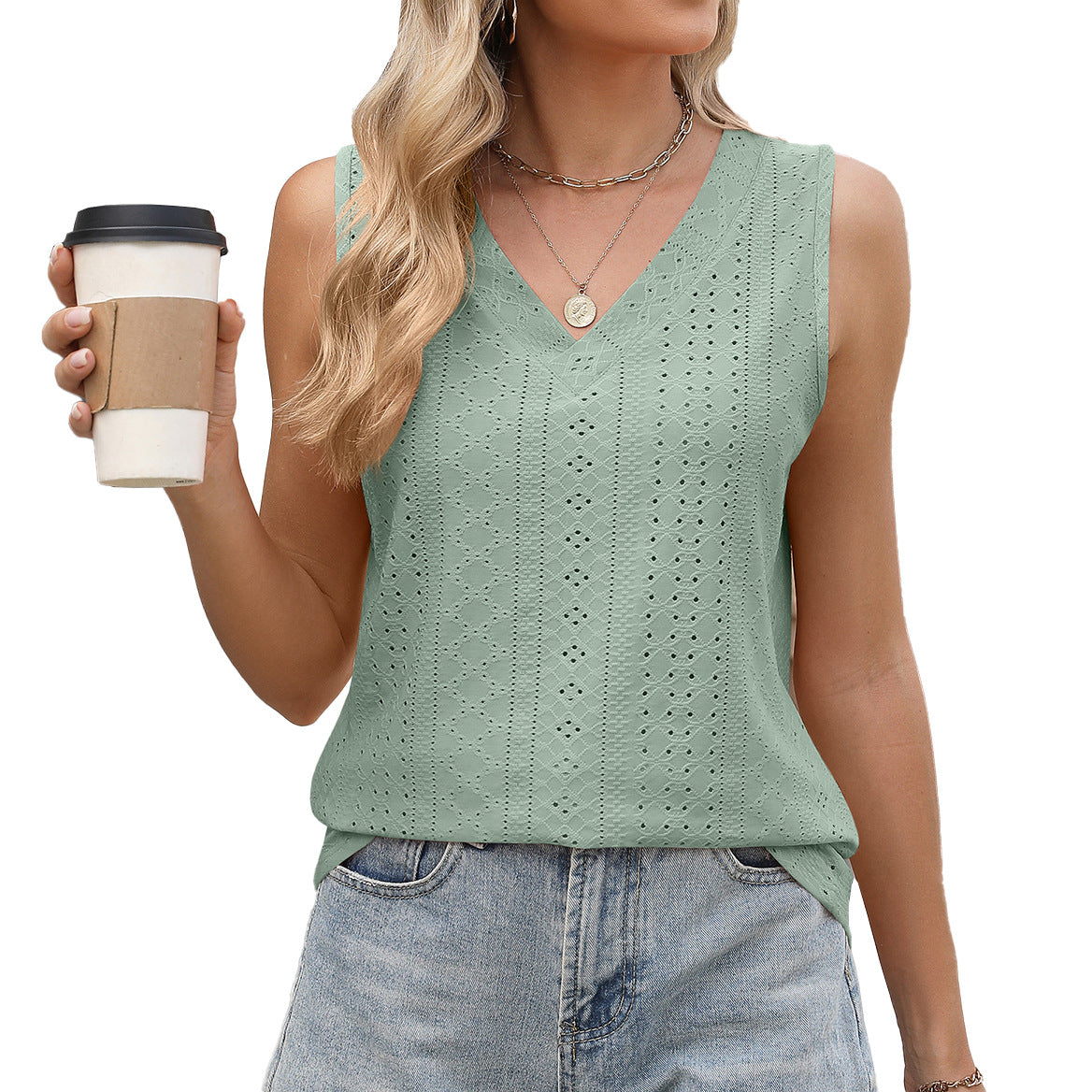 Pointelle Knit V-Neck Sleeveless Tank Top - Green