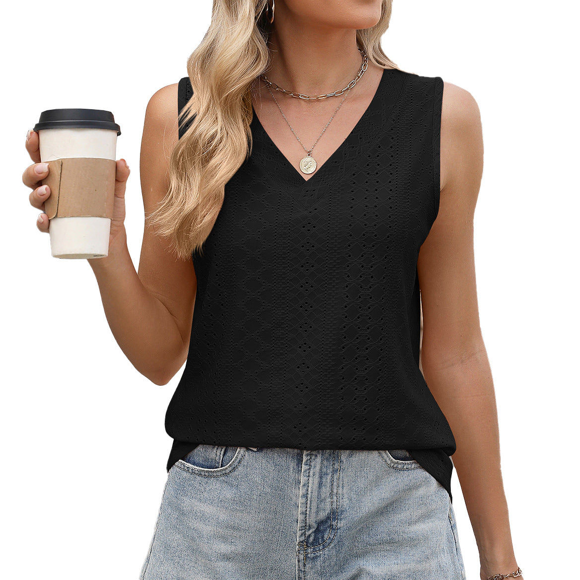 Pointelle Knit V-Neck Sleeveless Tank Top - black