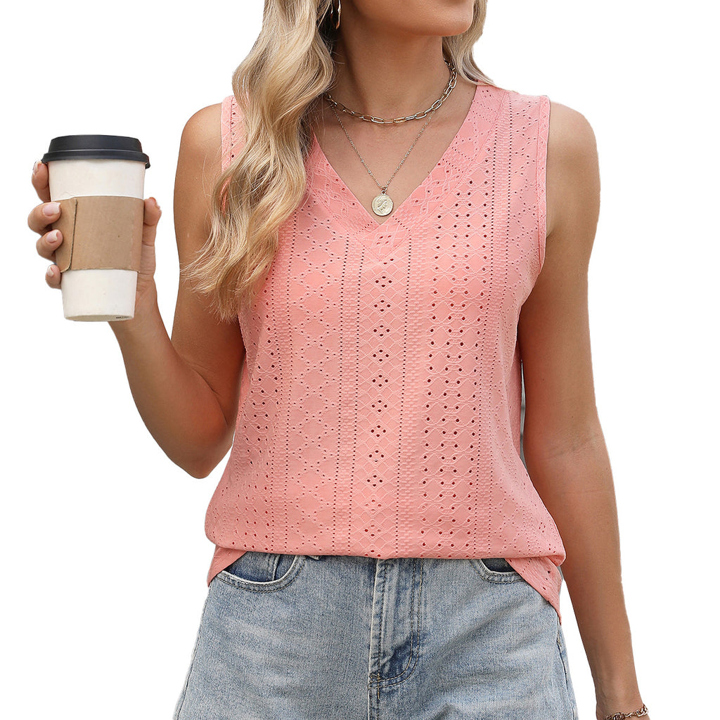 Pointelle Knit V-Neck Sleeveless Tank Top - orange