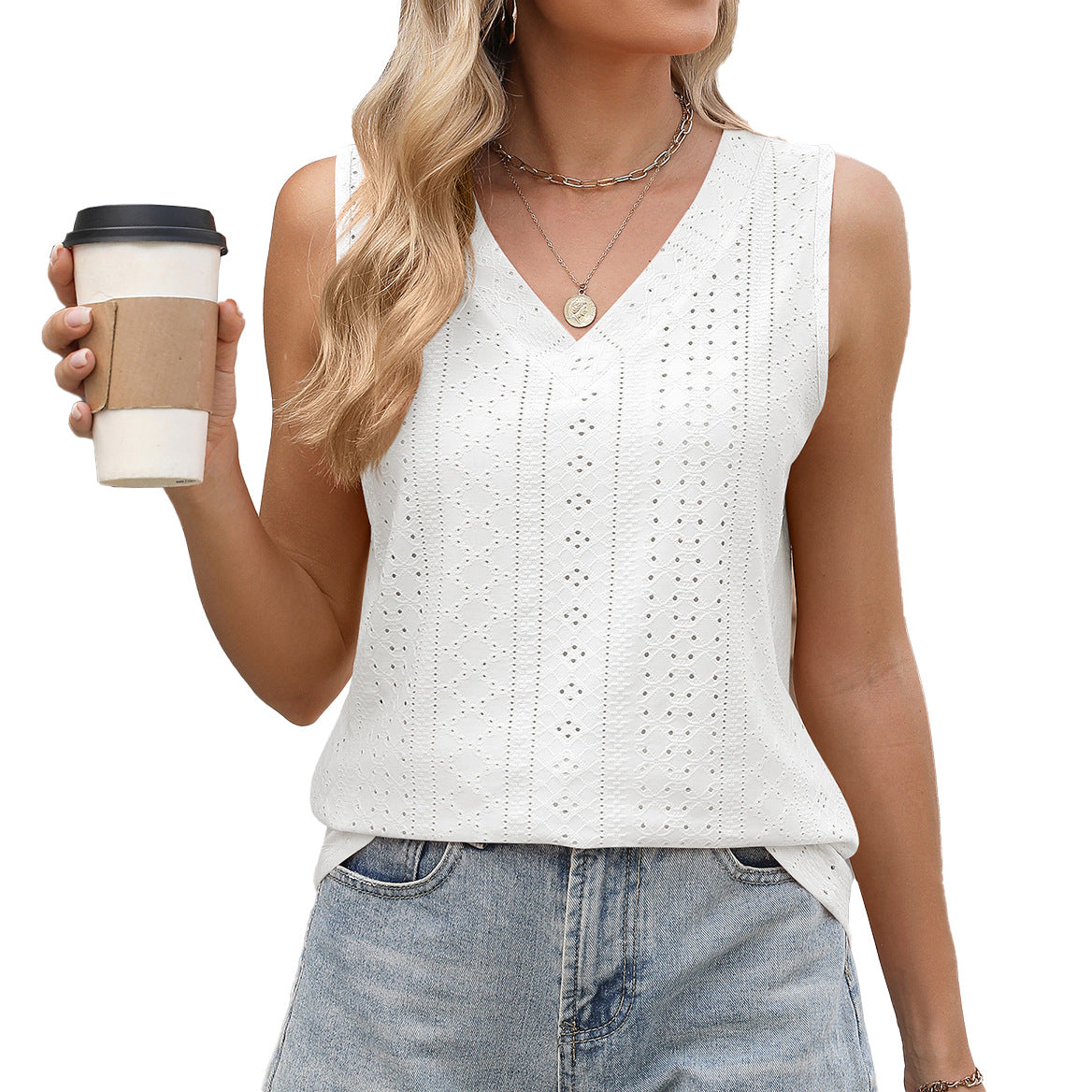 Pointelle Knit V-Neck Sleeveless Tank Top - white
