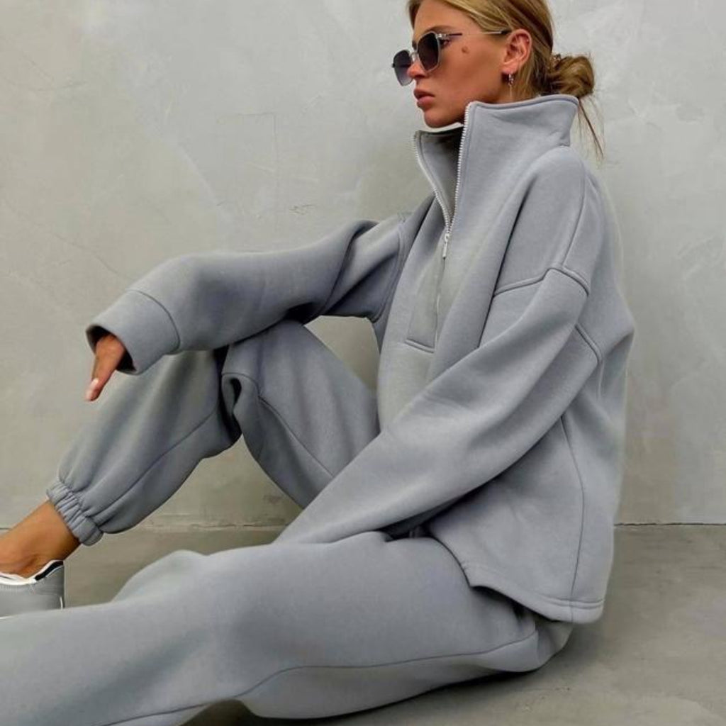 Quarter Zip Sweatshirt and Jogger Set - Grey - 2