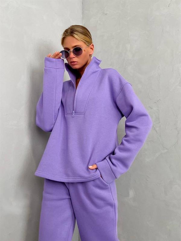 Quarter Zip Sweatshirt and Jogger Set - Purple - 1