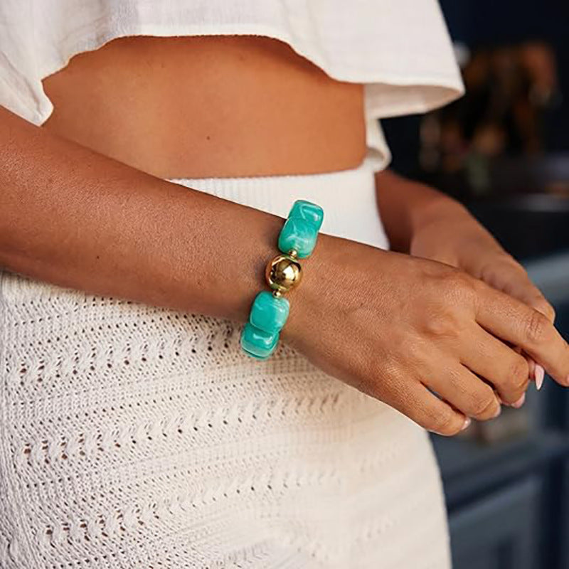 Chunky Square Acrylic Bead Stretch Bracelet - Blue