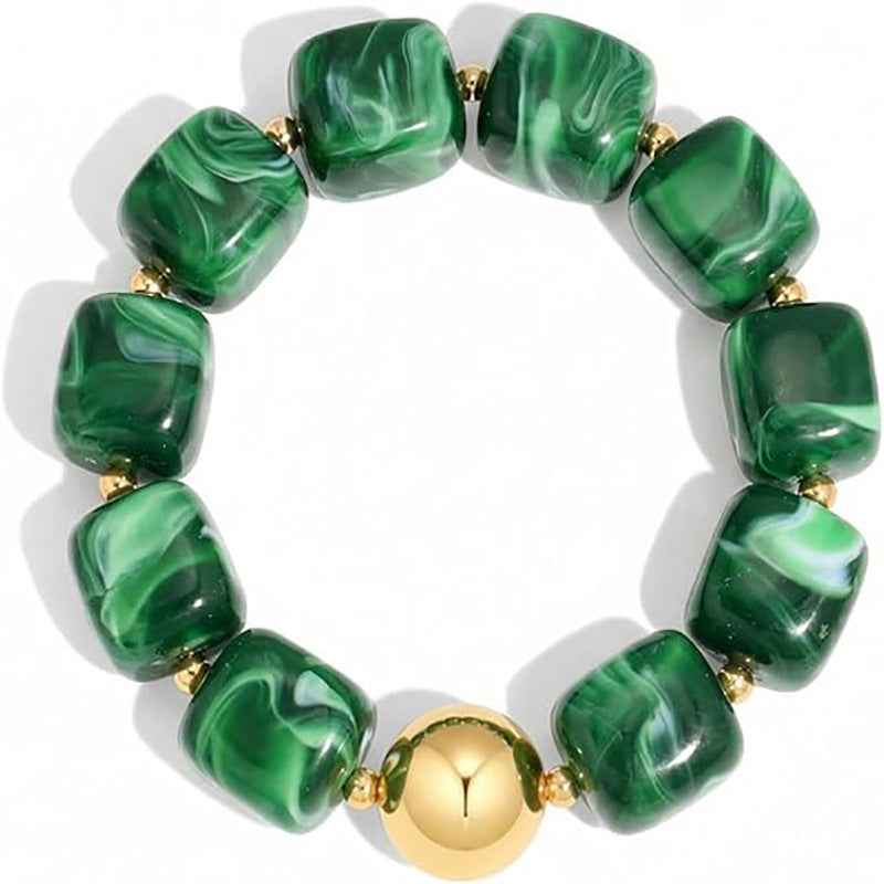 Chunky Square Acrylic Bead Stretch Bracelet - Green