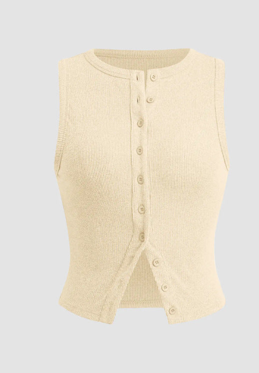 Ribbed Button Front Sleeveless Vest Top - Beige