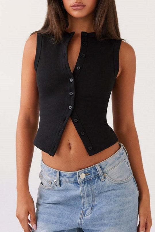 Ribbed Button Front Sleeveless Vest Top - Black
