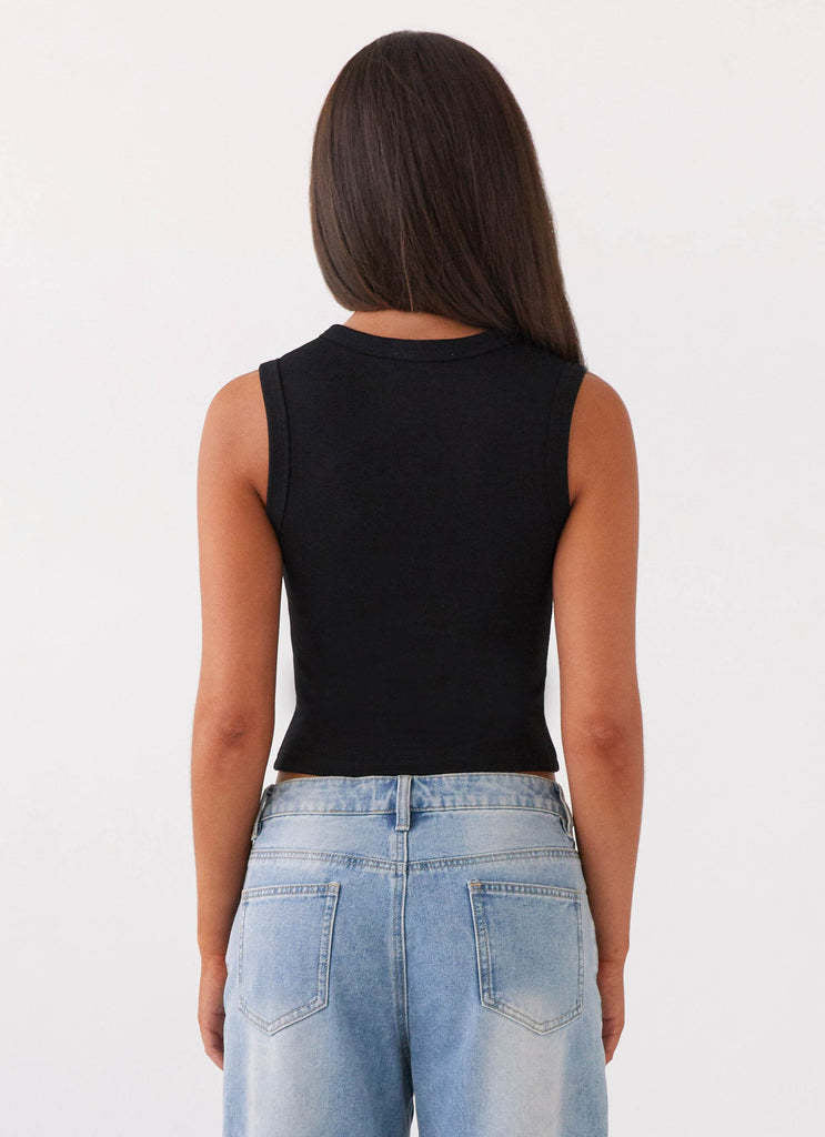 Ribbed Button Front Sleeveless Vest Top - Black - 2