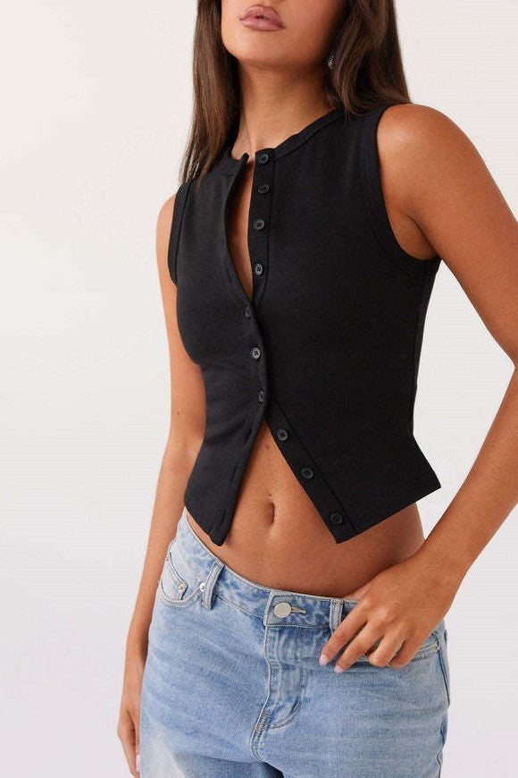 Ribbed Button Front Sleeveless Vest Top - Black - 5