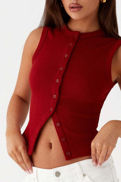 Ribbed Button Front Sleeveless Vest Top - Burgundy